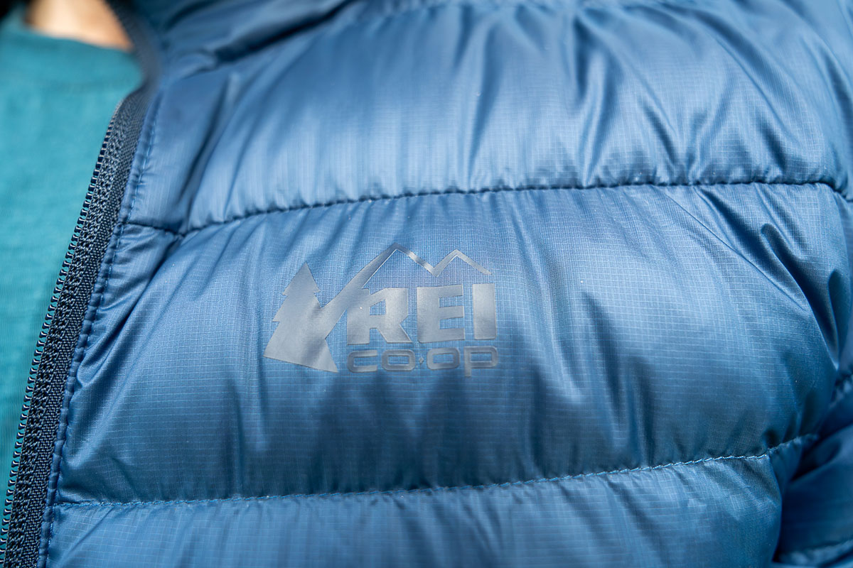 REI Co-op 650 Down Jacket (logo closeup)